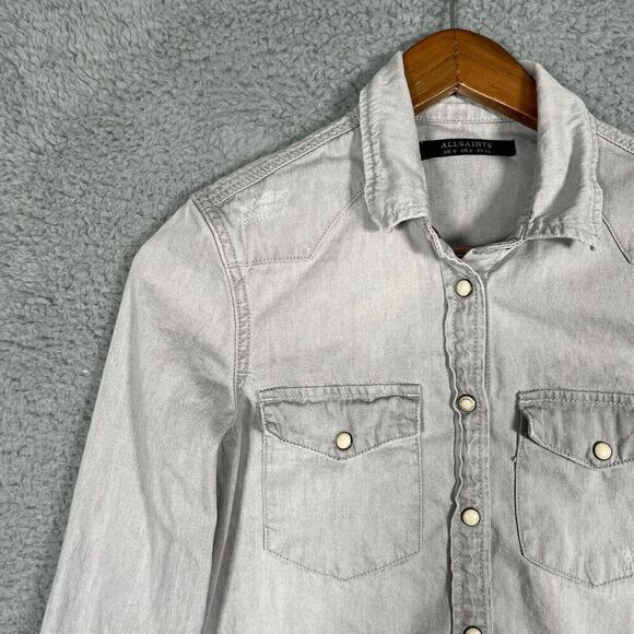 All Saints Grey Denim Shirt Womens Size 2 Long Sleeve Snap Button Distressed - Picture 2 of 12